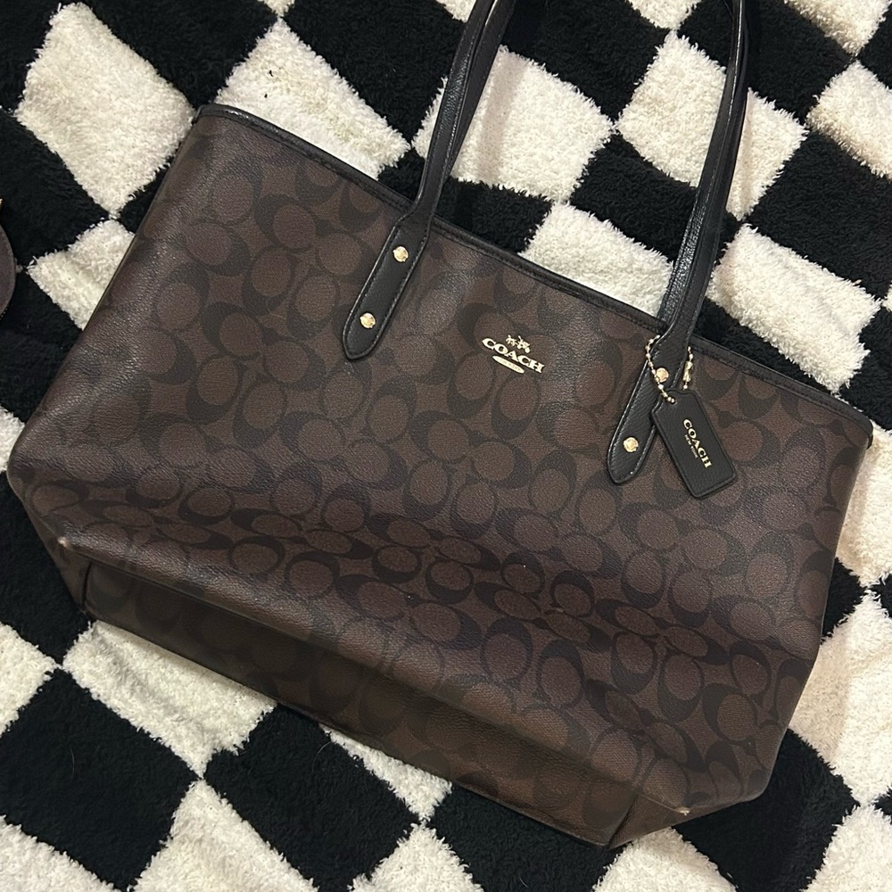 Coach City Zip Top Tote AND Circular Coin Pouch, Signature Canvas, Black Brown